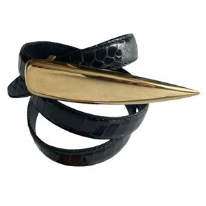 Vtg 80’s Genuine Snakeskin Leather Belt Black Gold Tone Sculptural Mod M/L